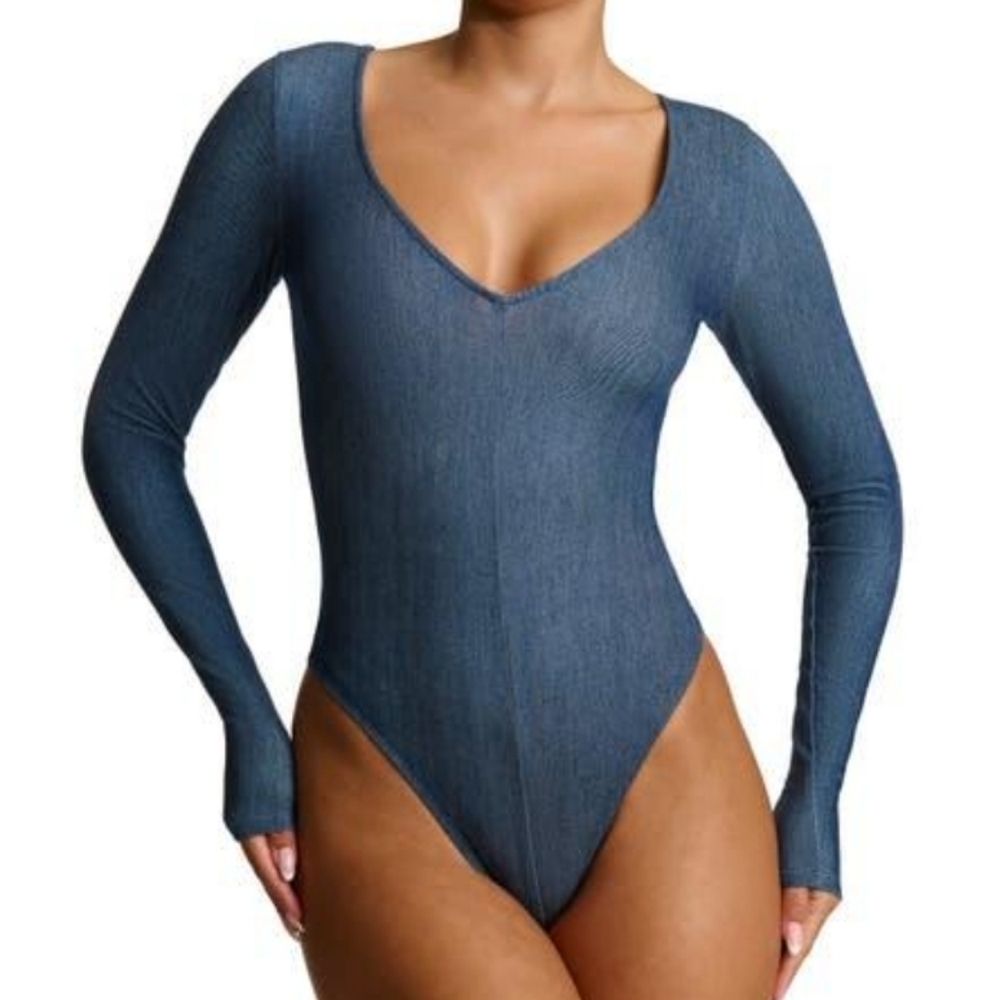 Naked Wardrobe The V Denim Bodysuit L